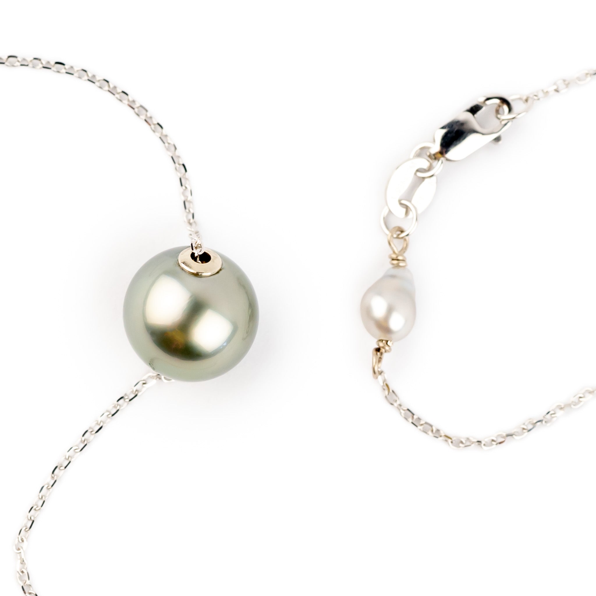 Pale Silvery Green 9mm Pearl Solitaire Necklace on 14K White Gold