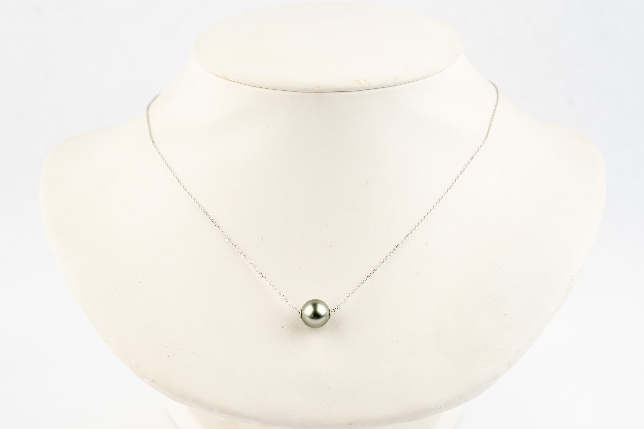 Pale Silvery Green 9mm Pearl Solitaire Necklace on 14K White Gold