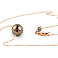 Glowing Pink Green 9.3mm Tahitian Pearl Solitaire Necklace on 14K Rose Gold