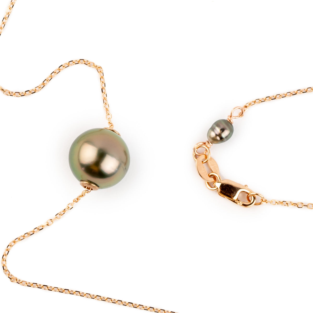 Glowing Pink Green 9.3mm Tahitian Pearl Solitaire Necklace on 14K Rose Gold