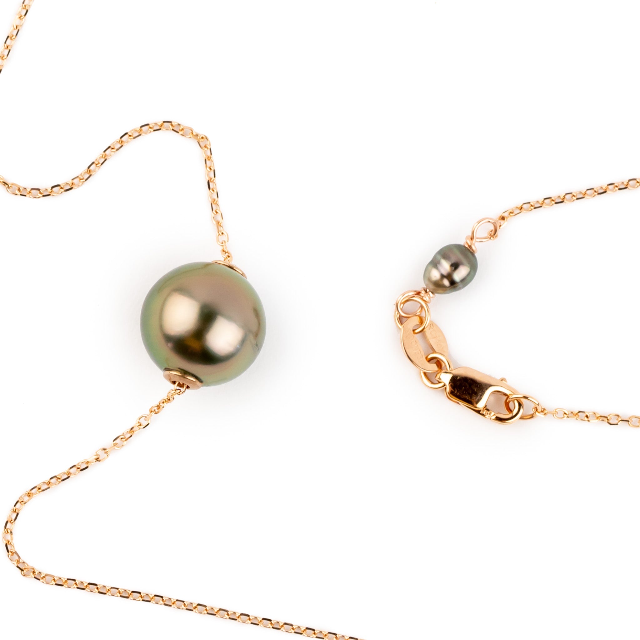 Glowing Pink Green 9.3mm Tahitian Pearl Solitaire Necklace on 14K Rose Gold
