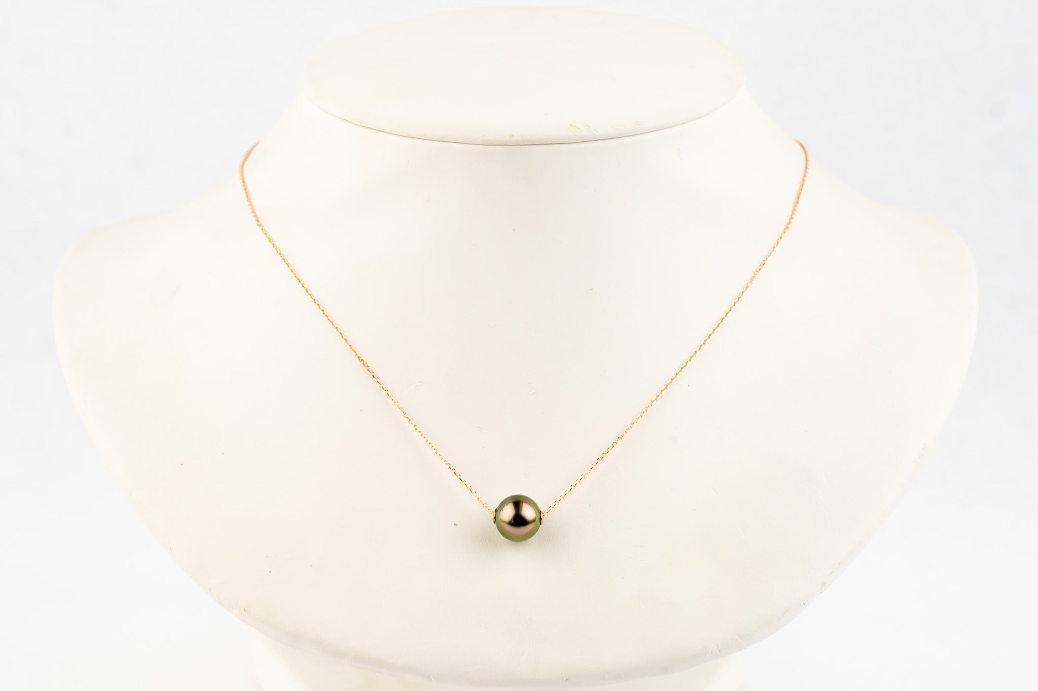 Glowing Pink Green 9.3mm Tahitian Pearl Solitaire Necklace on 14K Rose Gold