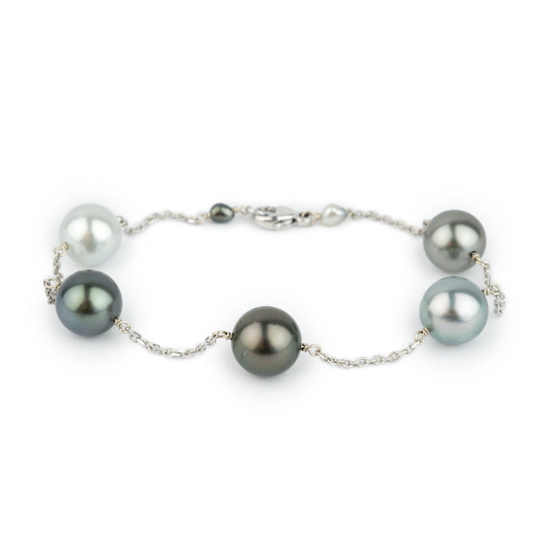 Silvery Blues Tahitian Pearl Tin Cup Bracelet on 14K White Gold