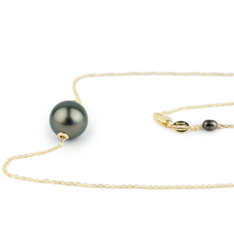 Deep Peacock Green 10.1mm Pearl Solitaire Necklace on 14K Yellow Gold