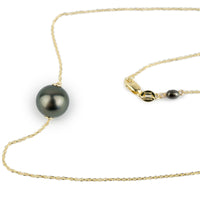 Deep Peacock Green 10.1mm Pearl Solitaire Necklace on 14K Yellow Gold