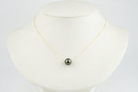 Deep Peacock Green 10.1mm Pearl Solitaire Necklace on 14K Yellow Gold