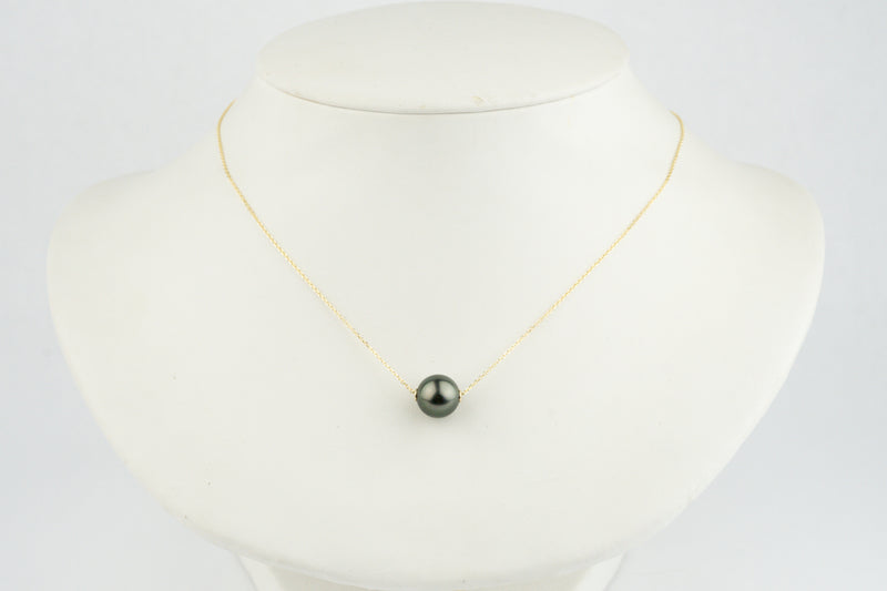 Deep Peacock Green 10.1mm Pearl Solitaire Necklace on 14K Yellow Gold