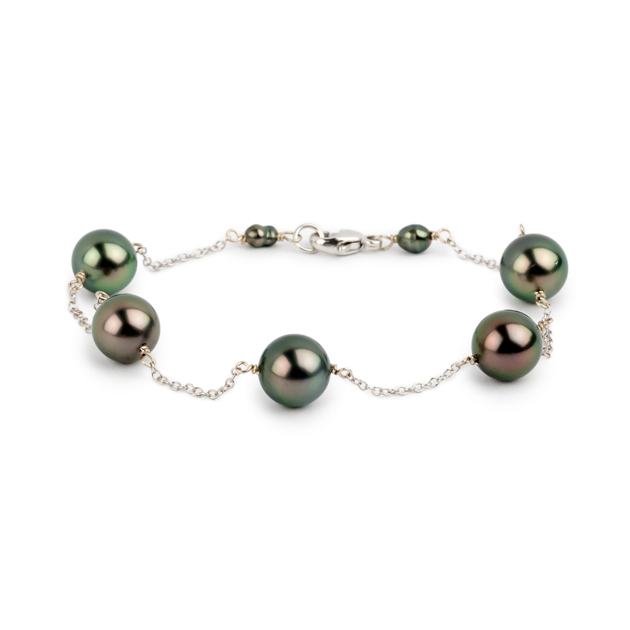 Twilit Pink Green Tahitian Pearl Tin Cup Bracelet on 14k White Gold