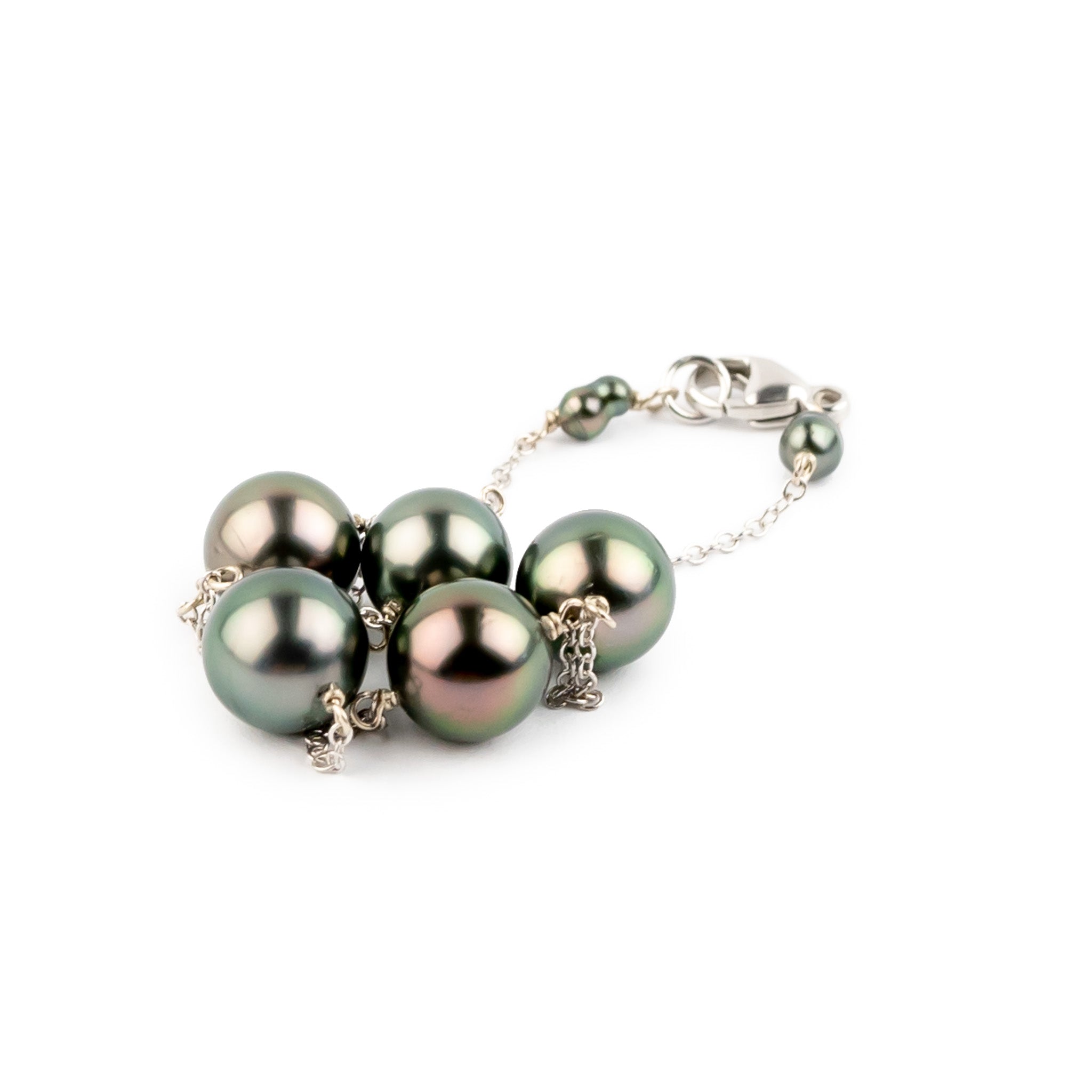 Twilit Pink Green Tahitian Pearl Tin Cup Bracelet on 14k White