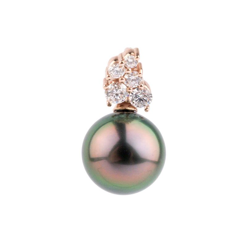 Aubergine Green Tahitian Pearl & Diamond Asteria Pendant or Necklace on 14K Rose Gold