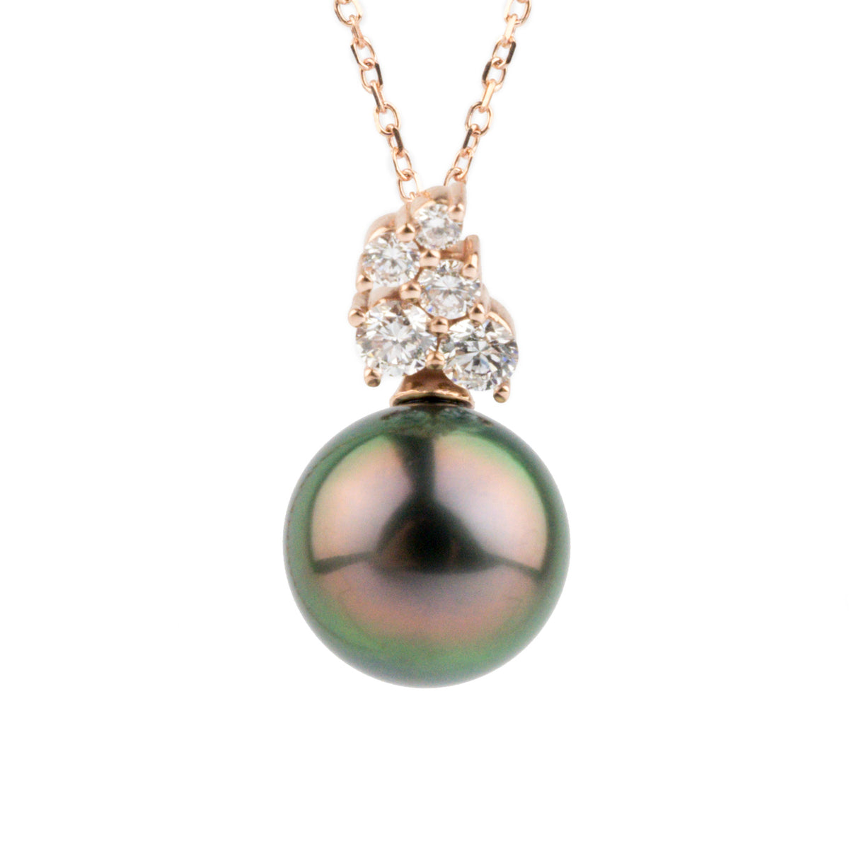Aubergine Green Tahitian Pearl & Diamond Asteria Pendant or Necklace on 14K Rose Gold