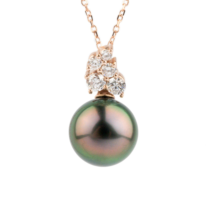 Aubergine Green Tahitian Pearl & Diamond Asteria Pendant or Necklace on 14K Rose Gold