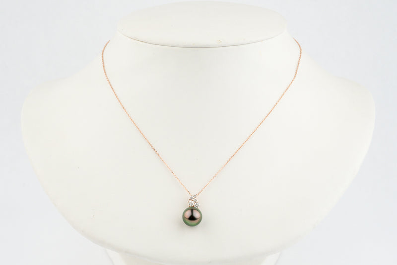 Aubergine Green Tahitian Pearl & Diamond Asteria Pendant or Necklace on 14K Rose Gold