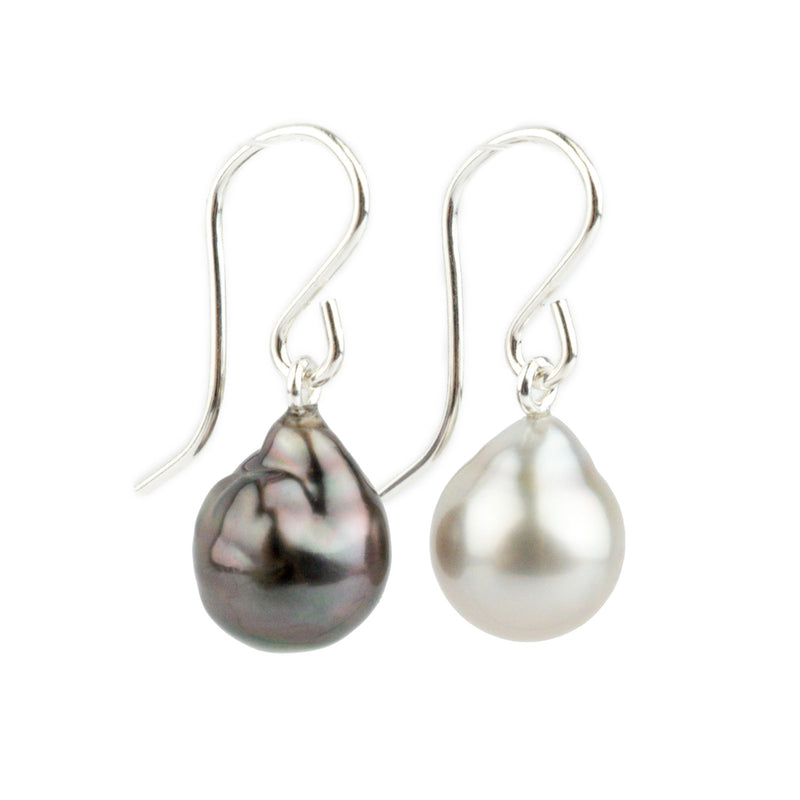 Black & White Baroque Drop Tahitian Pearl Dangles on Sterling Silver