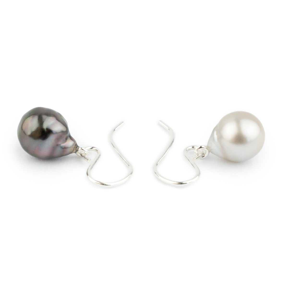 Black & White Baroque Drop Tahitian Pearl Dangles on Sterling Silver