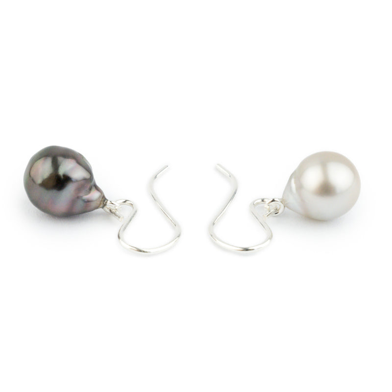 Black & White Baroque Drop Tahitian Pearl Dangles on Sterling Silver