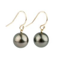 Deep Green Tahitian Pearl Dangle Earrings on 14K Gold