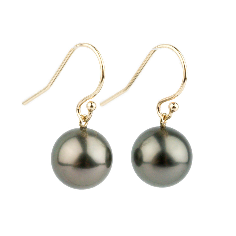 Deep Green Tahitian Pearl Dangle Earrings on 14K Gold