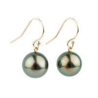 Peacock Green Tahitian Pearl Dangle Earrings on 14K Gold