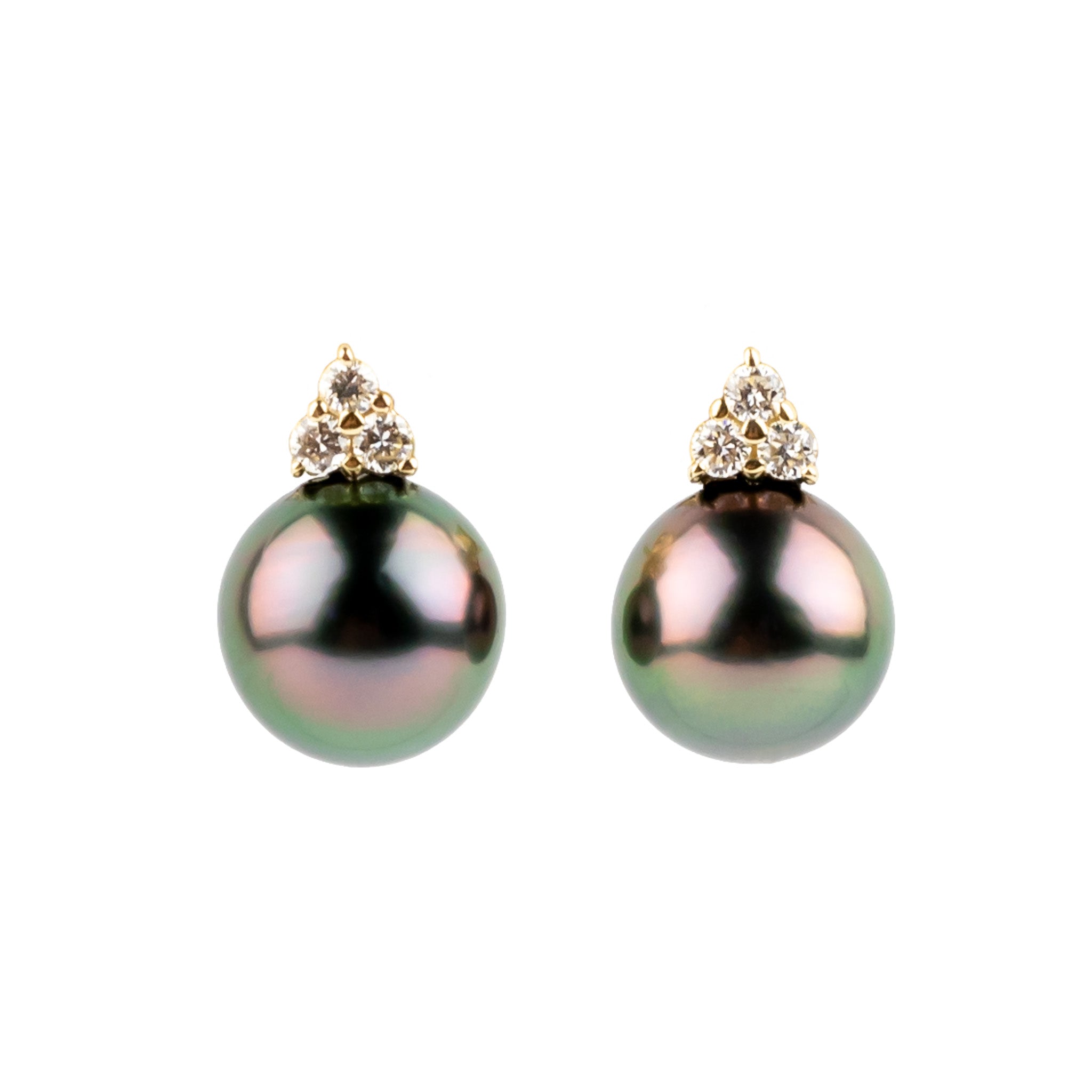 Pink Plum Flash Tahitian Pearl & Diamond Toru Earrings on 14K Yellow Gold