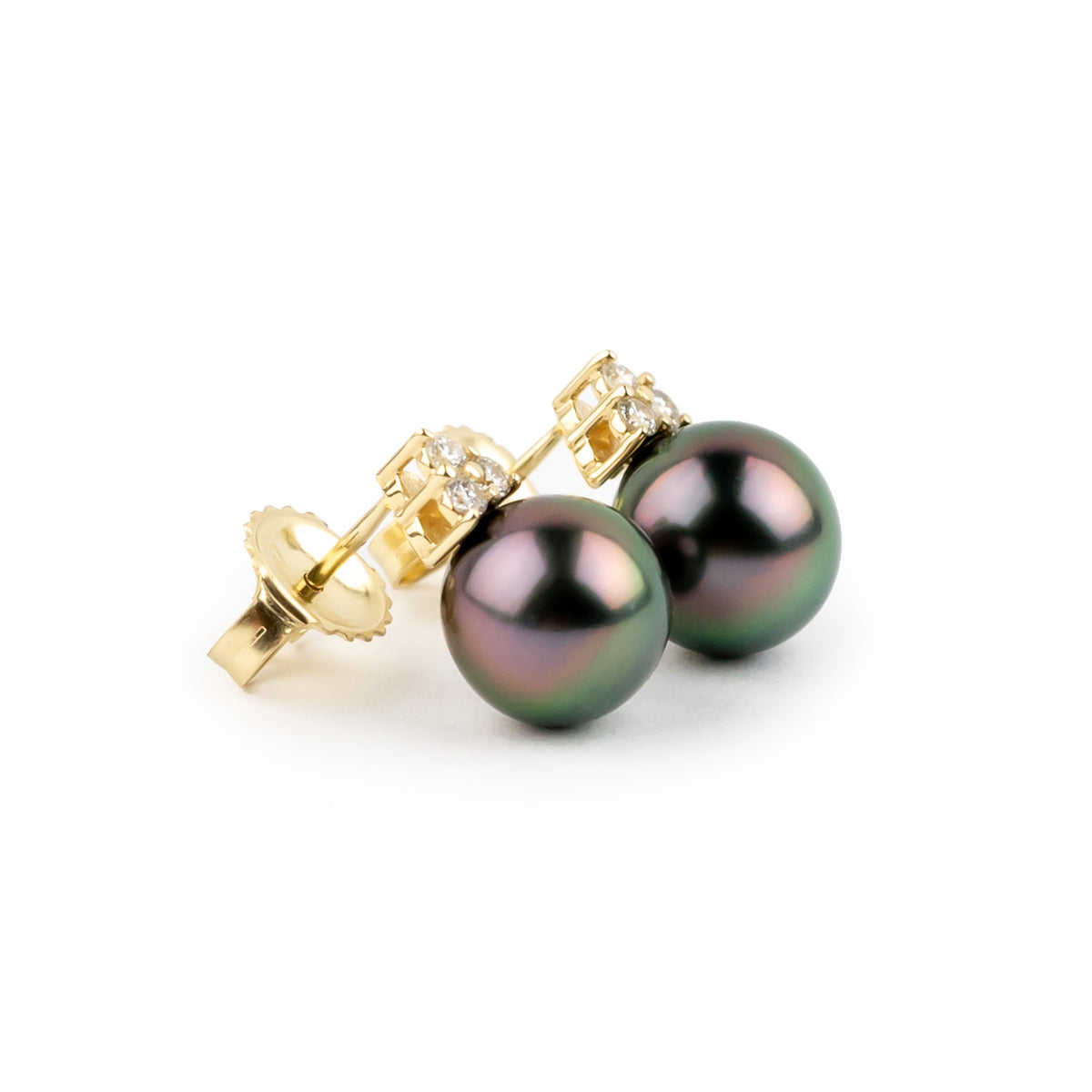 Pink Plum Flash Tahitian Pearl & Diamond Toru Earrings on 14K Yellow Gold