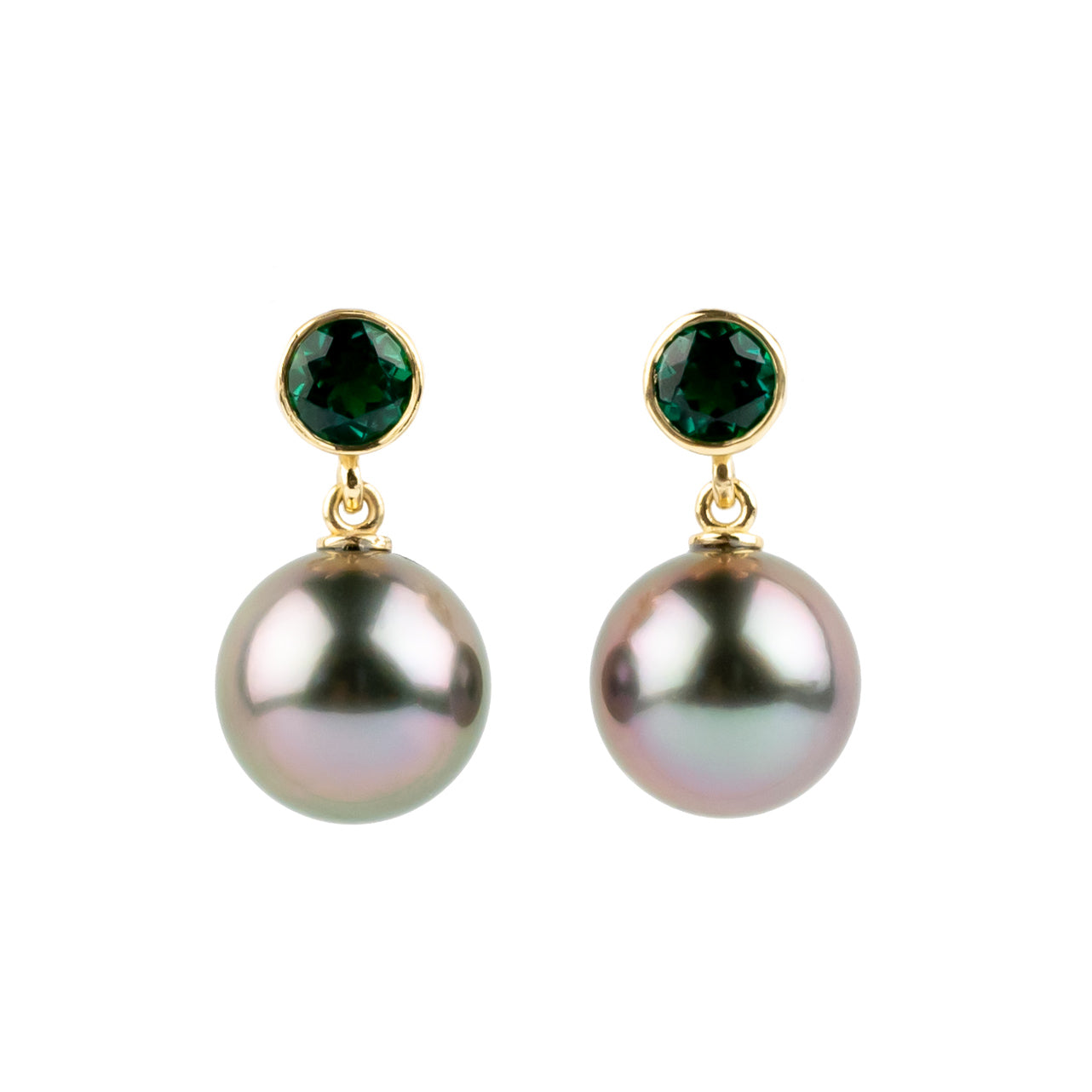 Tahitian Pearl & Emerald Nova Earrings on 14K Yellow Gold