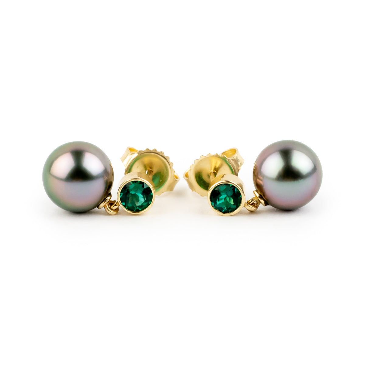 Tahitian Pearl & Emerald Nova Earrings on 14K Yellow Gold