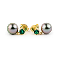 Tahitian Pearl & Emerald Nova Earrings on 14K Yellow Gold