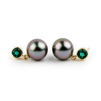 Tahitian Pearl & Emerald Nova Earrings on 14K Yellow Gold