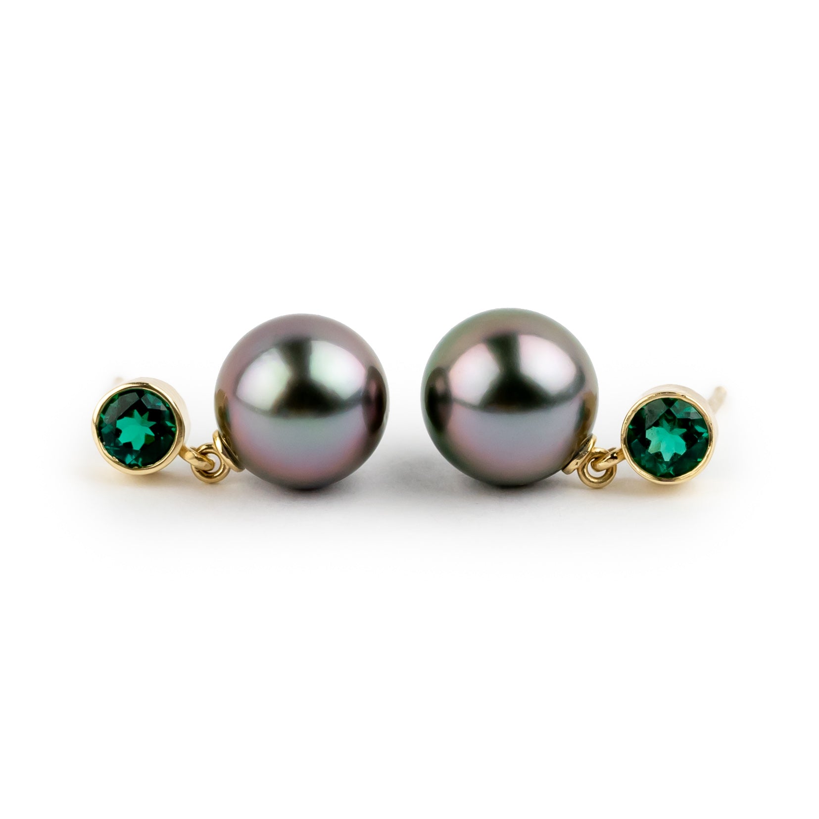 Tahitian Pearl & Emerald Nova Earrings on 14K Yellow Gold