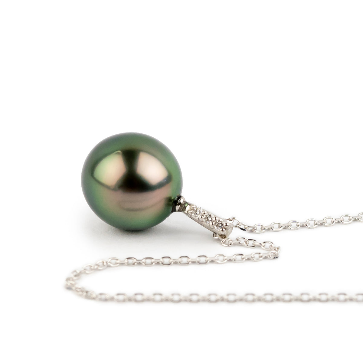 Pink Green Tahitian Silvery Pearl & Diamond Éclat Necklace on 14KWG