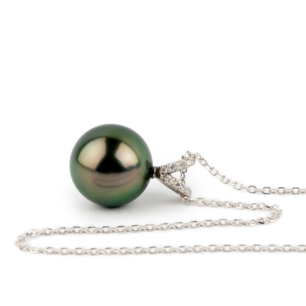 Aubergine Green Tahitian Pearl & Diamond Hoa Necklace on 14K White Gold