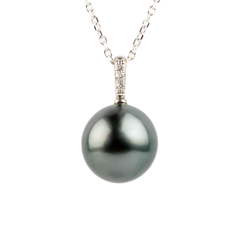 Steel Blue Tahitian Silvery Pearl & Diamond Éclat Necklace on 14KWG