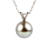 Iridescent Lavender Blue Tahitian Pearl & Diamond Hoa Necklace on 14K White Gold