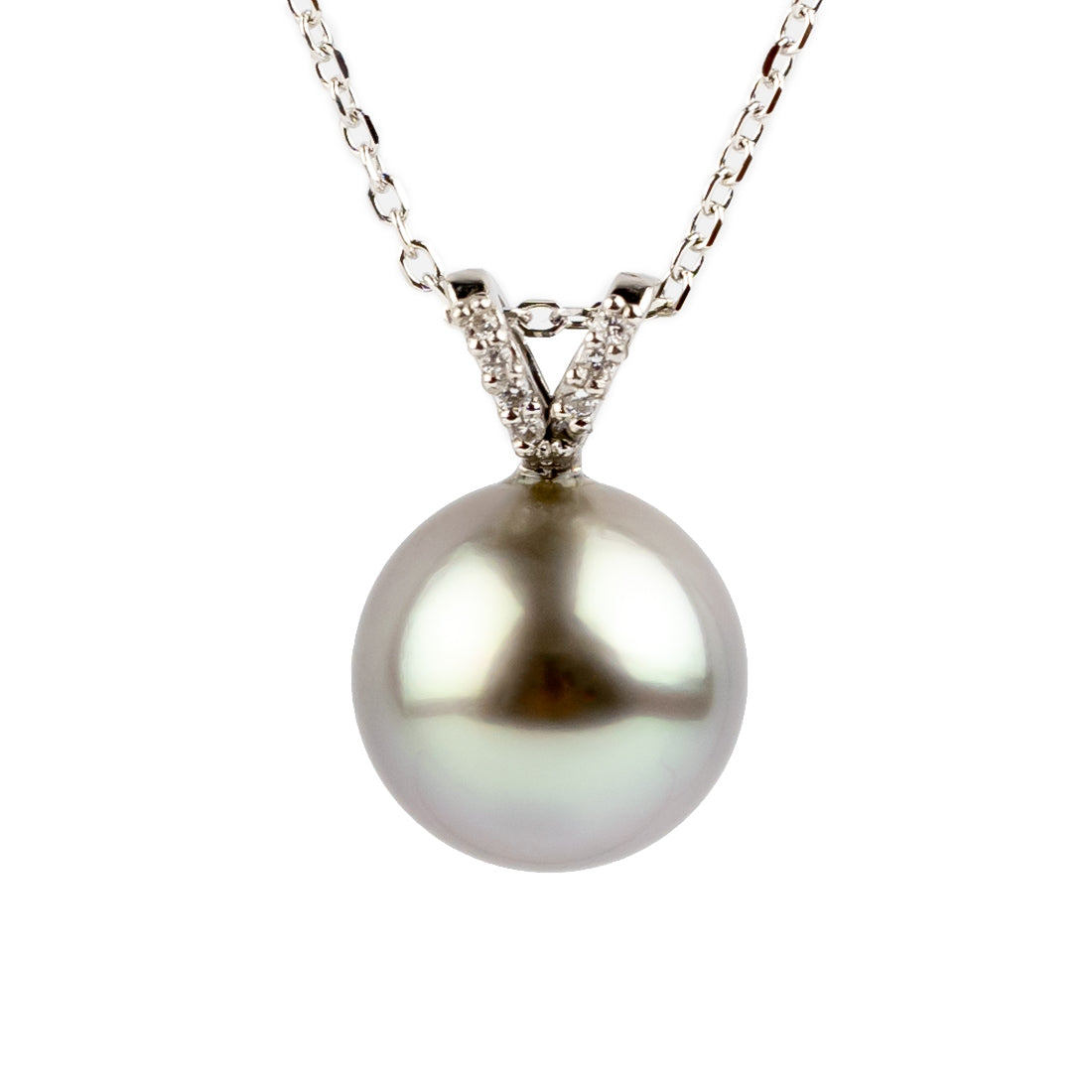 Iridescent Lavender Blue Tahitian Pearl & Diamond Hoa Necklace on 14K White Gold