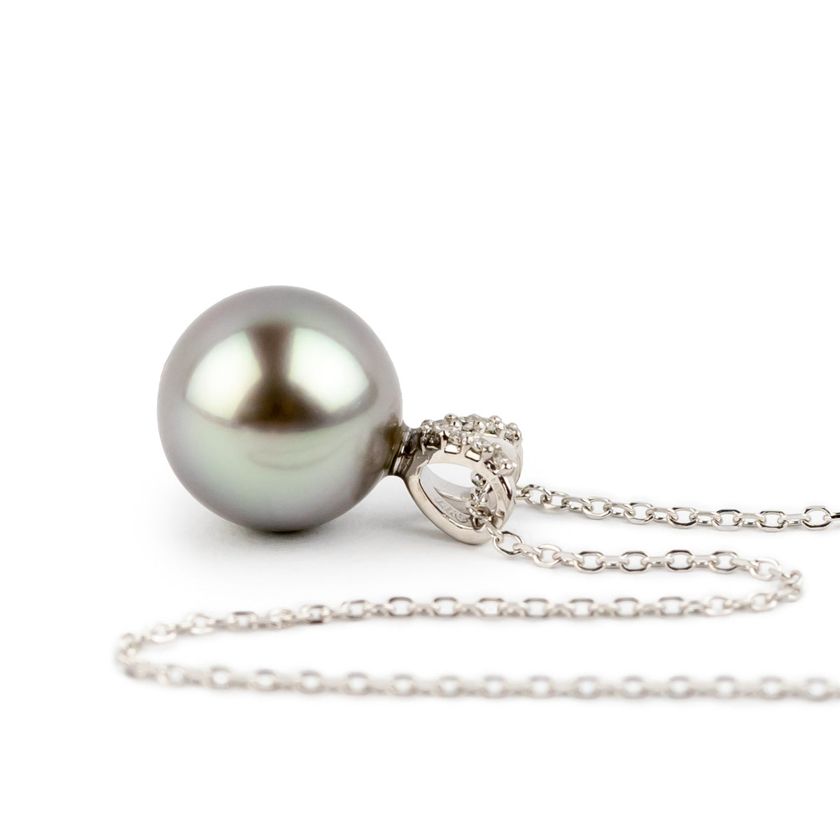 Iridescent Lavender Blue Tahitian Pearl & Diamond Hoa Necklace on 14K White Gold