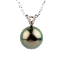 Aubergine Green Tahitian Pearl & Diamond Hoa Necklace on 14K White Gold