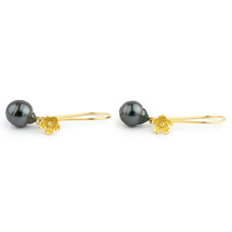 Midnight Purple Tahitian Pearl Hibiscus Hook Earrings
