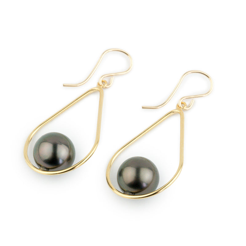 Aubergine Peacock Tahitian Pearl Teardrop Dangle Earrings on Gold Filled