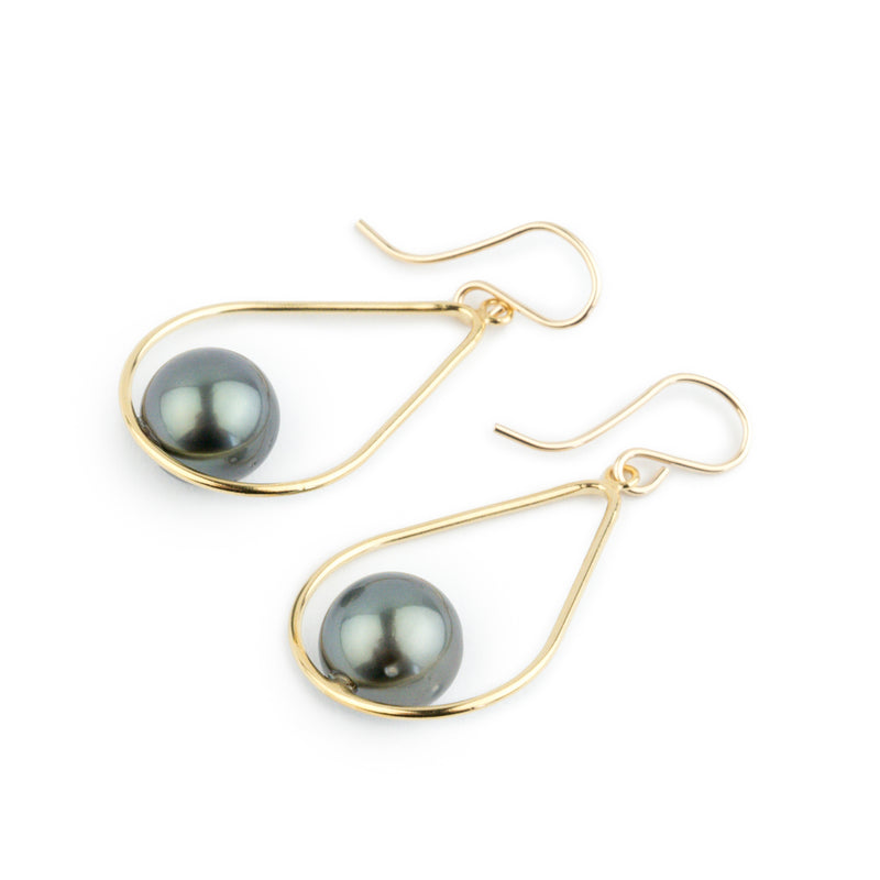 Blue-Green Tahitian Pearl Teardrop Dangle Earrings on Gold Filled