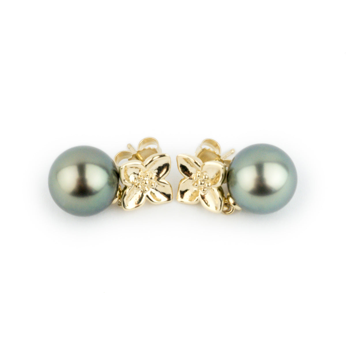 Peacock Green 11.2mm Tahitian Pearl Plumeria Dangle Earrings