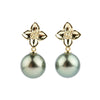 Peacock Green 11.2mm Tahitian Pearl Plumeria Dangle Earrings