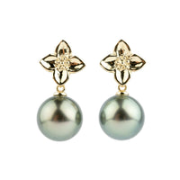 Peacock Green 11.2mm Tahitian Pearl Plumeria Dangle Earrings