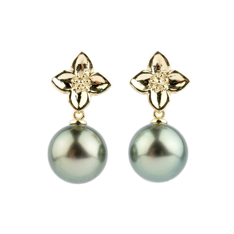 Peacock Green 11.2mm Tahitian Pearl Plumeria Dangle Earrings