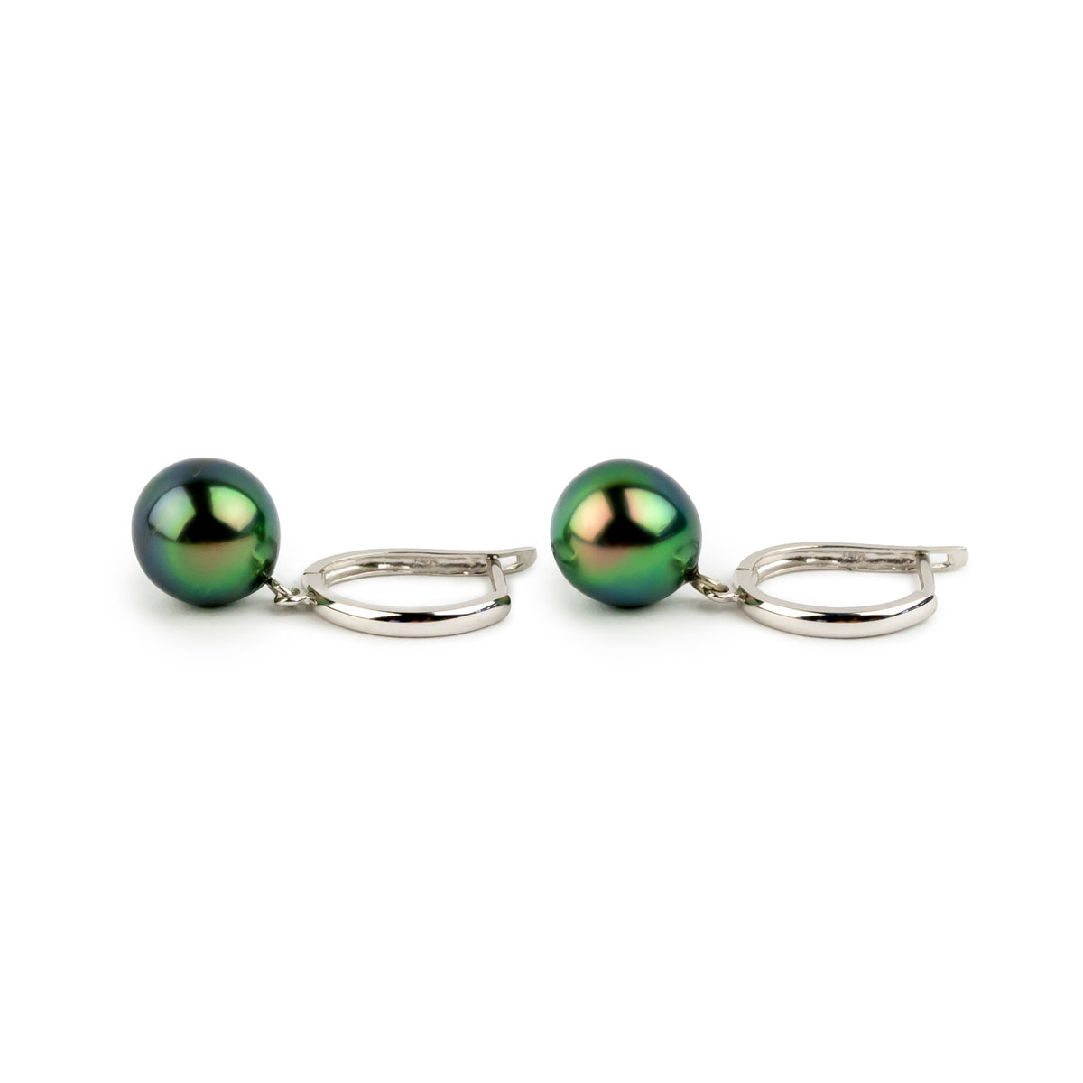 Electric Peacock 8.4mm Tahitian Pearl U-Hoop Earrings on 14K White Gold