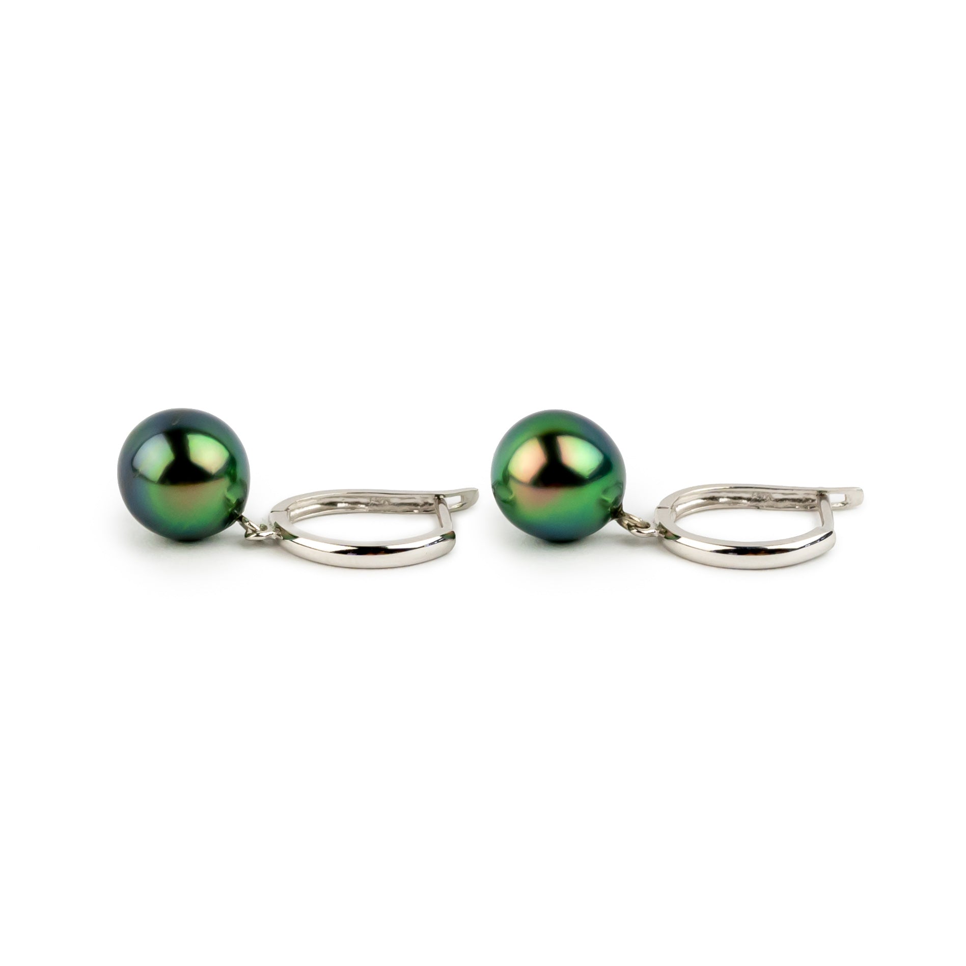 Electric Peacock 8.4mm Tahitian Pearl U-Hoop Earrings on 14K White Gold