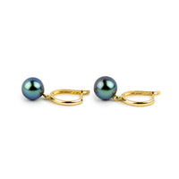 Royal Blue Green 8.2mm Tahitian Pearl U-Hoop Earrings on 14K Yellow Gold