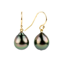Deep Green Drop Tahitian Pearl Dangle Earrings on 14K Yellow Gold