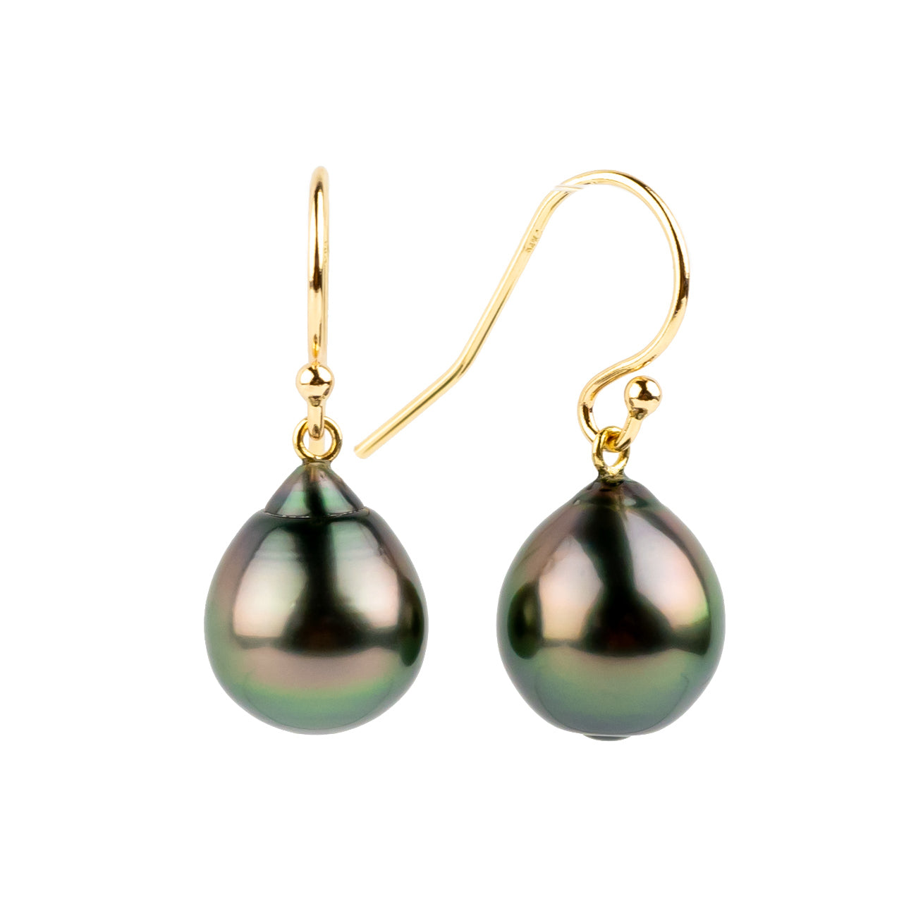 Deep Green Drop Tahitian Pearl Dangle Earrings on 14K Yellow Gold