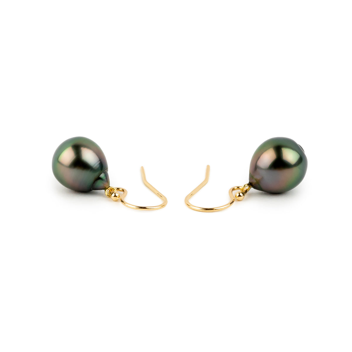 Deep Green Drop Tahitian Pearl Dangle Earrings on 14K Yellow Gold